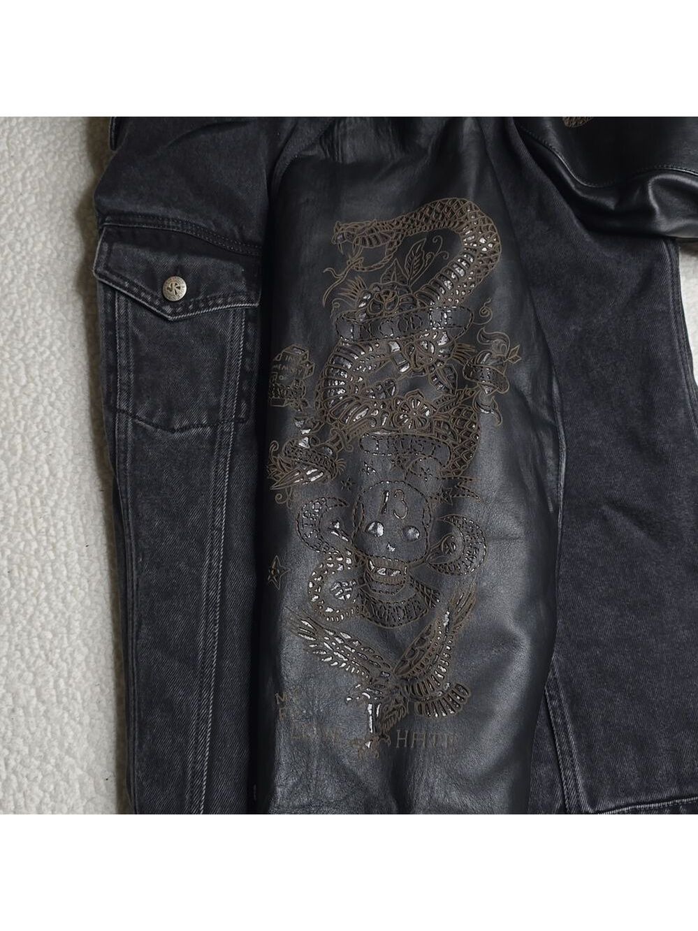 John Richmond - Denim and Laser Cut Leather Jacket in Black Large - Picture 11 of 16